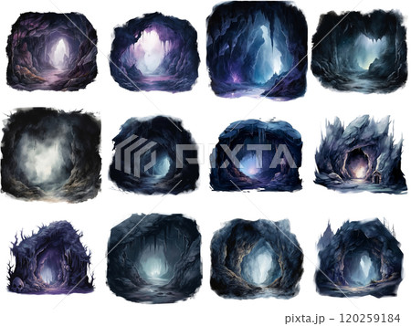 Twelve Illustrations of Cave Entrances with Various Details and Lighting Twelve Illustrations of Cave Entrances with Various Details and Lighting 120259184