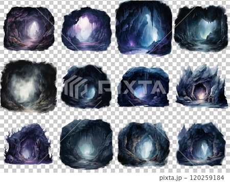 Twelve Illustrations of Cave Entrances with Various Details and Lighting Twelve Illustrations of Cave Entrances with Various Details and Lighting 120259184