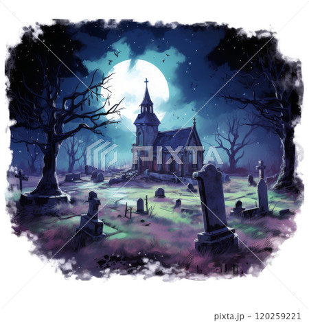 A gothic church under a full moon in a graveyard with a textured frame 120259221
