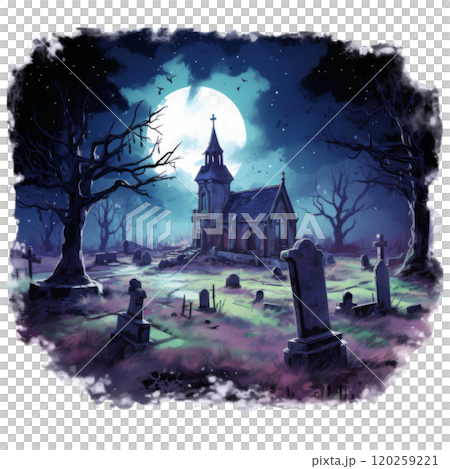 A gothic church under a full moon in a graveyard with a textured frame 120259221