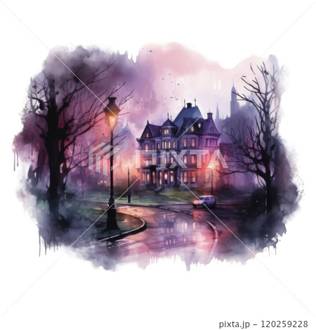 A Watercolor Painting of a Haunted Mansion at Night 120259228