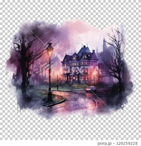 A Watercolor Painting of a Haunted Mansion at Night 120259228