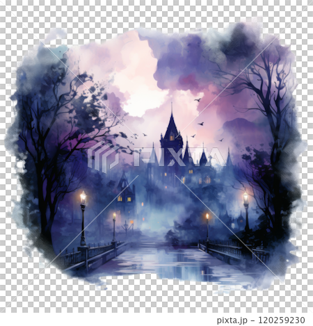A Mystical Bridge Leading to a Grand Castle in a Foggy Evening 120259230