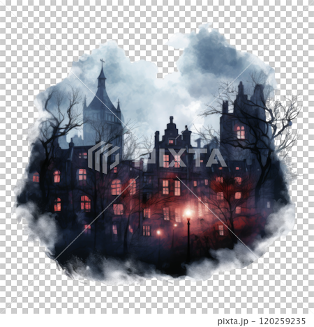 An Eerie Watercolor of a Foggy Night in a European City An Eerie Watercolor of a Foggy Night in a European City 120259235