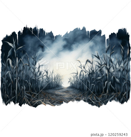 A Mystical Path Through a Field of Tall, Blue-Gray Corn Stalks Under a Cloudy Sky A Mystical Path Through a Field of Tall, Blue-Gray Corn Stalks Under a Cloudy Sky 120259243