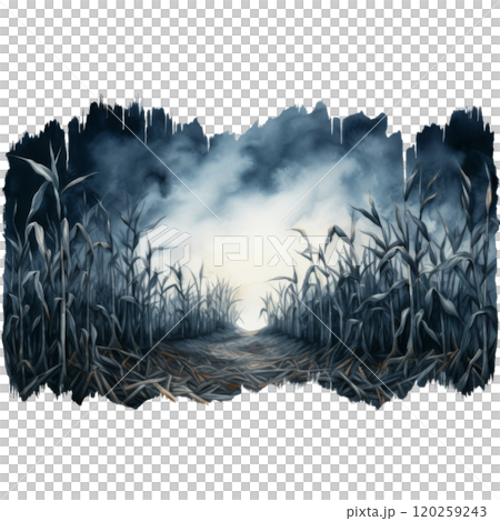 A Mystical Path Through a Field of Tall, Blue-Gray Corn Stalks Under a Cloudy Sky A Mystical Path Through a Field of Tall, Blue-Gray Corn Stalks Under a Cloudy Sky 120259243