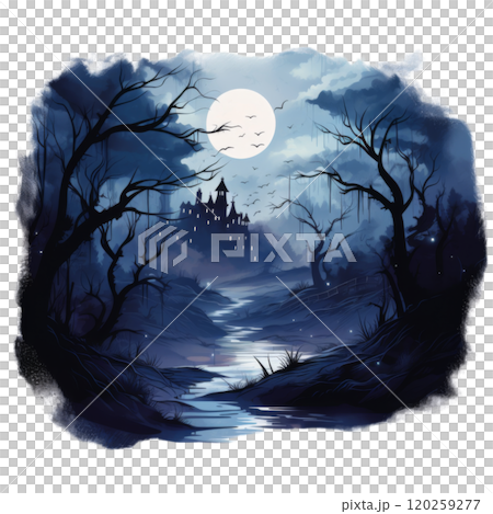 A Silhouetted Castle Stands in a Dark and Mystical Forest 120259277
