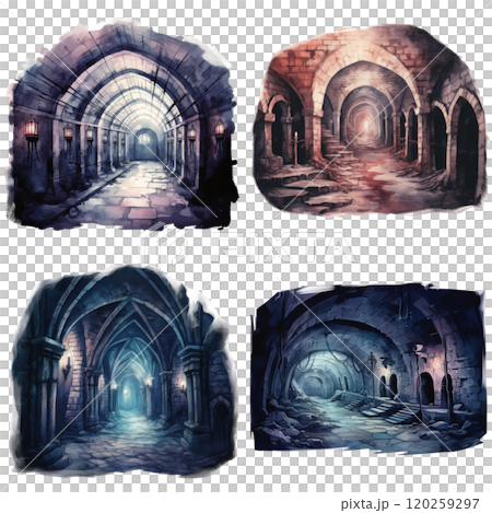 Four Different Watercolor Paintings of Dark and Mystical Stone Archways Four Different Watercolor Paintings of Dark and Mystical Stone Archways 120259297