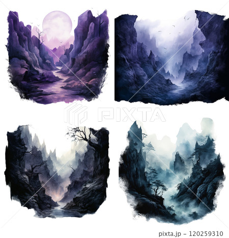 Four Watercolor Landscapes of Mysterious Mountainous Valleys Four Watercolor Landscapes of Mysterious Mountainous Valleys 120259310