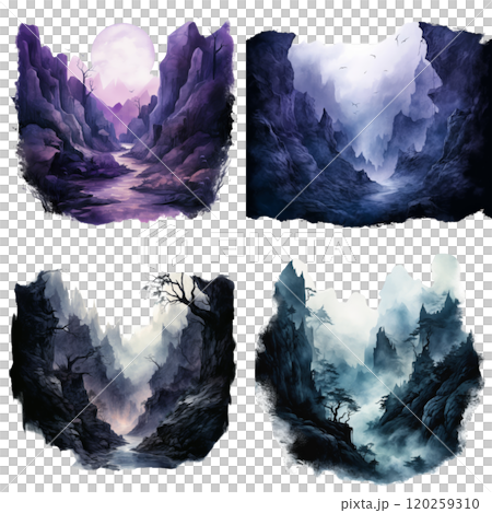 Four Watercolor Landscapes of Mysterious Mountainous Valleys Four Watercolor Landscapes of Mysterious Mountainous Valleys 120259310