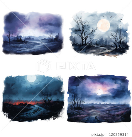 Four Watercolor Landscapes Depicting Nighttime Scenes with Moon and Birds 120259314