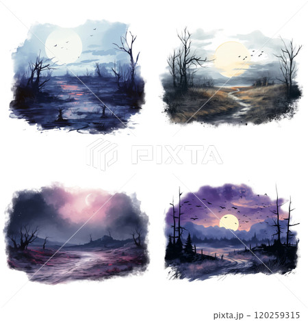 Four Watercolor Landscapes Depicting Different Times of Day and Night Four Watercolor Landscapes Depicting Different Times of Day and Night 120259315