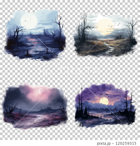 Four Watercolor Landscapes Depicting Different Times of Day and Night 120259315
