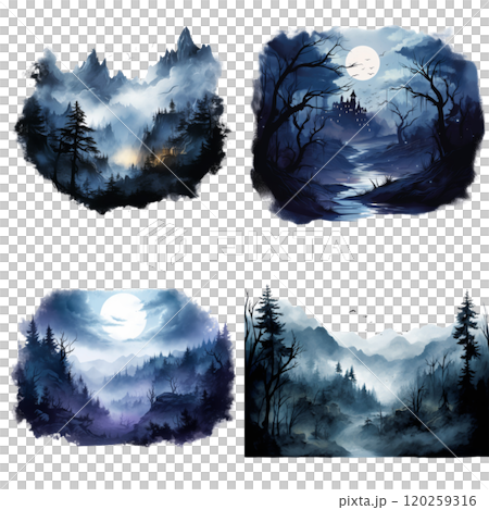 Four Watercolor Paintings Depicting Moonlight Forests Four Watercolor Paintings Depicting Moonlight Forests 120259316