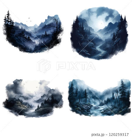Four Watercolor Illustrations of Misty Forest Landscapes 120259317