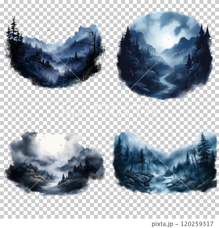 Four Watercolor Illustrations of Misty Forest Landscapes 120259317