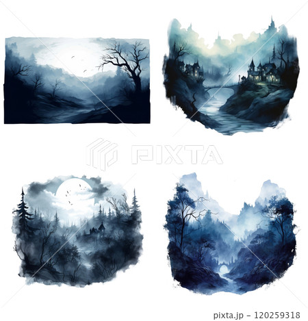 Four Watercolor Paintings Depicting Eerie, Foggy Landscapes 120259318