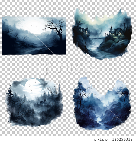 Four Watercolor Paintings Depicting Eerie, Foggy Landscapes 120259318