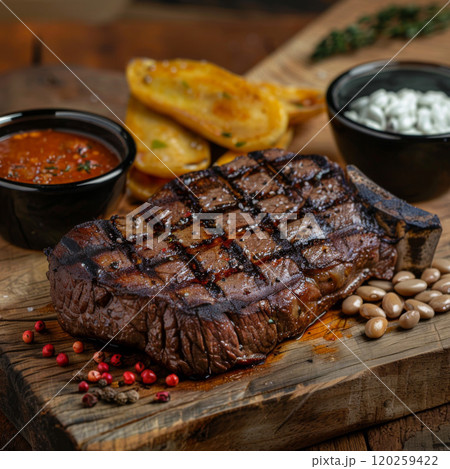 Grilled Steak with Sided Dishes on a Wooden Cutting Board 120259422
