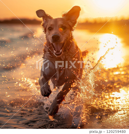 Golden Retriever Running Through Water at Sunset 120259480