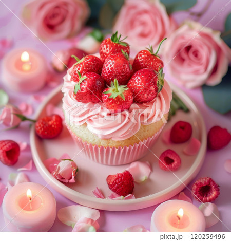 Pink Cupcake Topped with Fresh Strawberries and Surrounded by Pink Roses and Candles 120259496