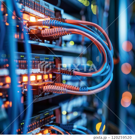Network Server with Connected Cables in a Data Center 120259520