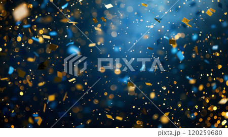 Shimmering Blue and Gold Confetti on Soft Blue Background Shimmering Blue and Gold Confetti on Soft Blue Background 120259680