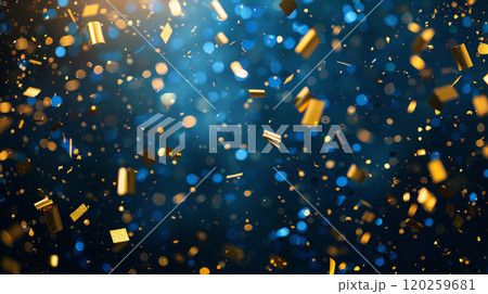 Blue and Gold Confetti Falls Against Soft Blue Background Blue and Gold Confetti Falls Against Soft Blue Background 120259681