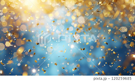 Glittering Gold Confetti on Enchanting Blue Backdrop 120259685