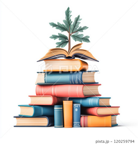 vibrant stack of colorful books topped with green plant symbolizes growth and knowledge. This artistic representation highlights importance of reading and education 120259794
