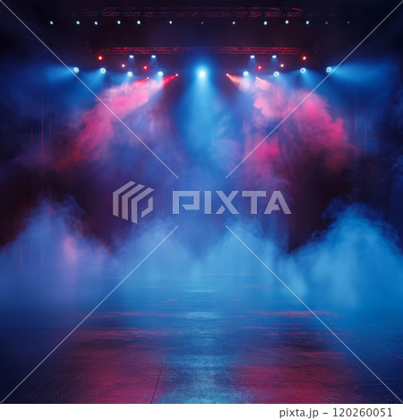 Stage illuminated with blue and red spotlights and smoke 120260051