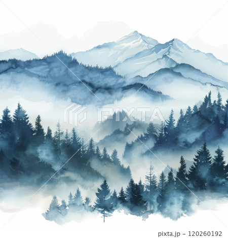Misty Mountains and Evergreens Watercolor Painting 120260192