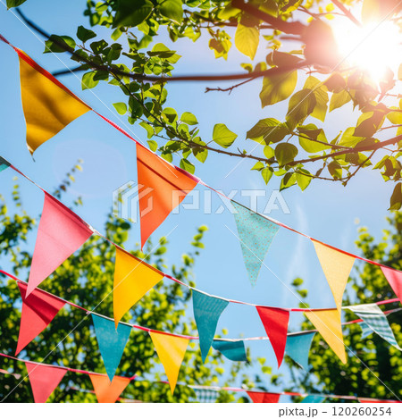 Colorful Triangle Flags Hanging Against Blue Sky and Green Leaves 120260254