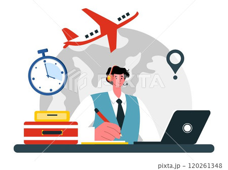 Travel Assistant Vector Illustration for Help and Facilitate Tourists in Planning Travel Packages and Organizing Tour Schedules in a Background Travel Assistant Vector Illustration for Help and Facilitate Tourists in Planning Travel Packages and Organizing Tour Schedules in a Background 120261348