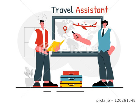 Travel Assistant Vector Illustration for Help and Facilitate Tourists in Planning Travel Packages and Organizing Tour Schedules in a Background Travel Assistant Vector Illustration for Help and Facilitate Tourists in Planning Travel Packages and Organizing Tour Schedules in a Background 120261349