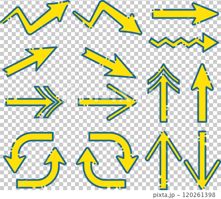 Set of various yellow arrows with blue dashed lines 120261398