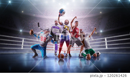 Sports winners. Collage of professional happy sportsmen on sports arena. Football, hockey, basketball, soccer. Sports emotions 120261426