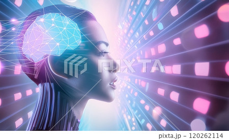 ロボット人物の頭部と脳のニューラルネットワークのイメージ サイバー ロボ 横顔	 ロボット人物の頭部と脳のニューラルネットワークのイメージ サイバー ロボ 横顔	 120262114