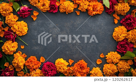 Day of the Dead frame with marigold and rose flowers on dark background with copy space 120262617