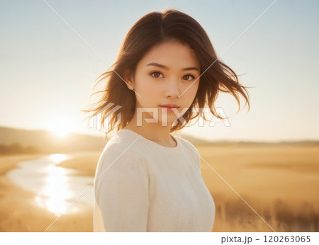 夕焼けの中を歩く女性 120263065