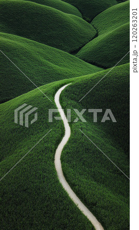 Winding path through lush green hills. Concept of nature, tranquility, and exploration. 120263201