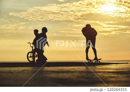 Skateboarding and BMX bike Silhouette Extreme Skatepark Images Orange Sunlight Youth Culture Enjoy Sports Vacation Skateboarding and BMX bike Silhouette Extreme Skatepark Images Orange Sunlight Youth Culture Enjoy Sports Vacation 120264353