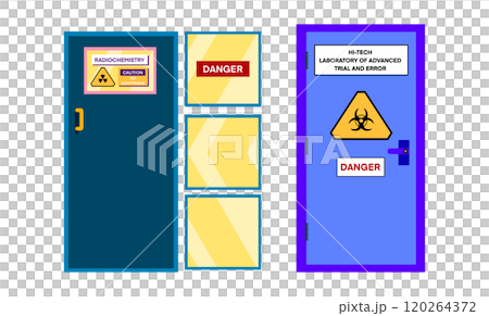 laboratory doors, radiation and biohazard warnings, door is labeled Radiochemistry with a yellow radiation symbol and Caution No Admittance sign, while the other door has a biohazard symbol 120264372