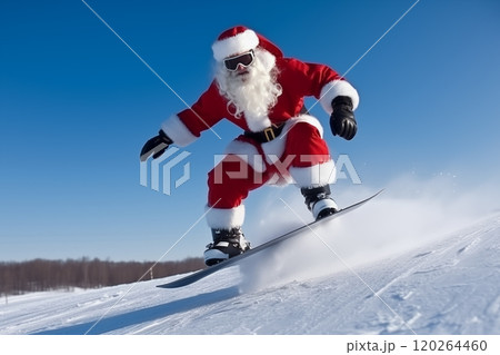 Santa Claus skiing in the mountains on snow in winter in Christm. Concept Christmas and New Year. 120264460