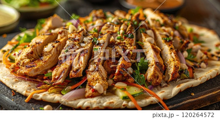 Aromatic chicken shawarma, thinly sliced and piled high on a fluffy pita bread, topped with crunchy vegetables and drizzled with garlic sauce on dark background 120264572