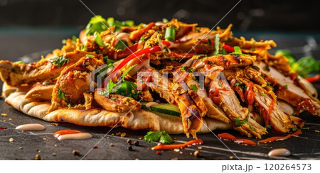 Aromatic chicken shawarma, thinly sliced and piled high on a fluffy pita bread, topped with crunchy vegetables and drizzled with garlic sauce on dark background 120264573