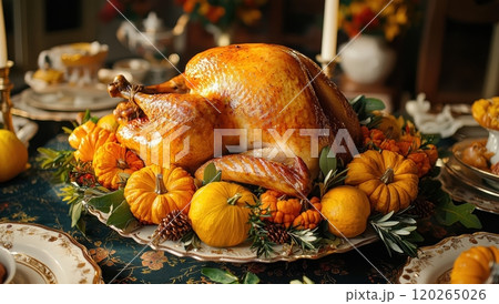 Roasted Turkey with Pumpkins and Fall Decor, Thanksgiving Feast 120265026