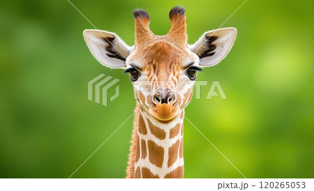 Portrait of a cute baby giraffe with a green background 120265053