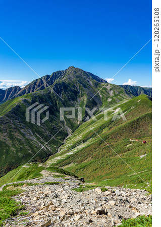荒川小屋への登山道から見る赤石岳と大聖寺平 南アルプス 悪沢岳と荒川岳登山 荒川小屋への登山道から見る赤石岳と大聖寺平 南アルプス 悪沢岳と荒川岳登山 120265108