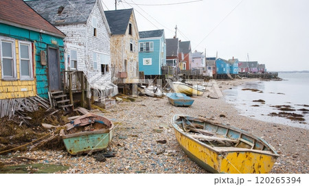 Colorful Coastal Homes with Boats and Rocky Beach in Nova Scotia, Canada 120265394